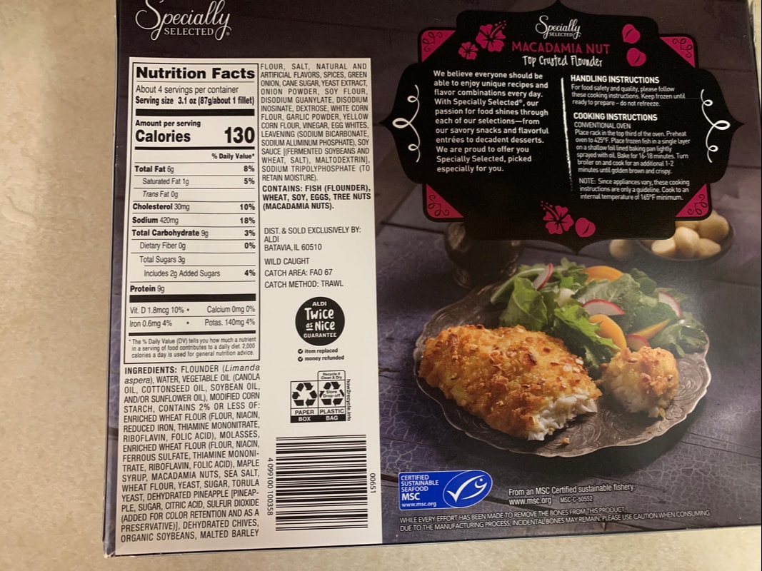 Specially Selected Coconut Top Crusted Flounder & Specially Selected Macadamia Nut Top Crusted Flounder Aldi Review Ingredients & Cooking Instructions