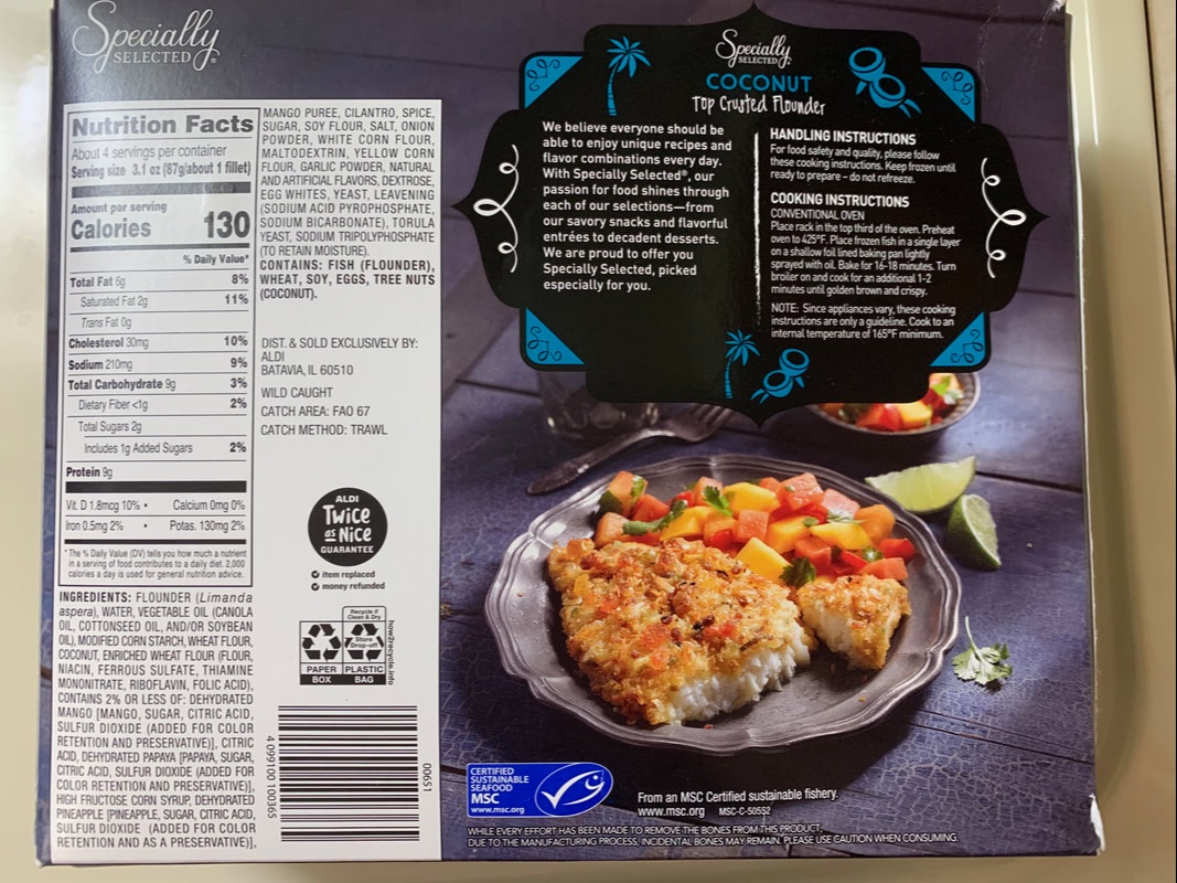 Specially Selected Coconut Top Crusted Flounder & Specially Selected Macadamia Nut Top Crusted Flounder Aldi Review Ingredients & Cooking Instructions