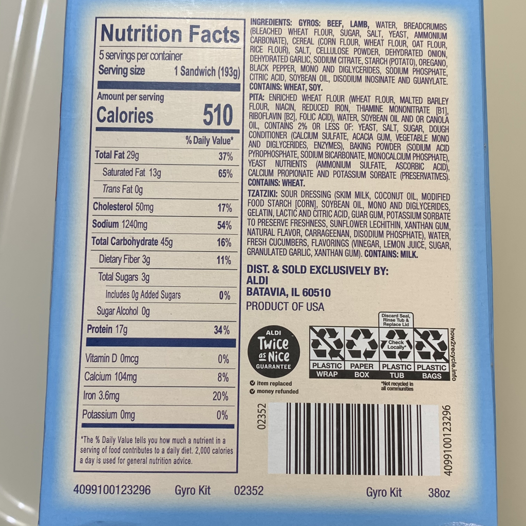 Nutrition Facts & Ingredients Bremer Gyro Complete Sandwich Kit - Aldi Review