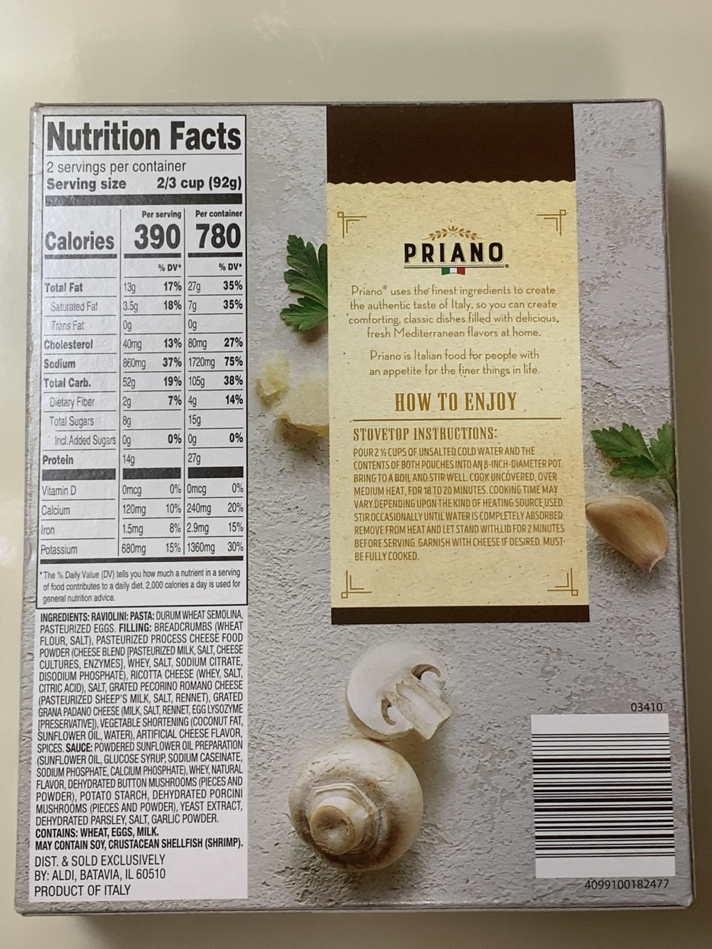Aldi Review Priano Wild Mushroom Raviolini Nutrition Facts & Cooking Instructions