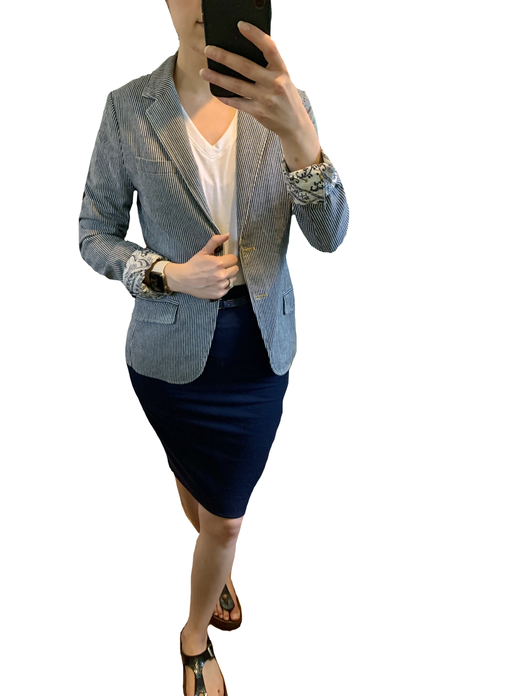 Encircled Fair V Neck Outfit - White V Neck Tee with navy pencil skirt and navy pinstripe blazer