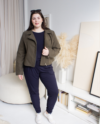 How to style the dressy pullover; how to style the dressy sweatsuit in navy with olive Moto jacket; encircled clothing reviews